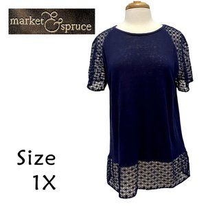 Market & Spruce Navy Linen & Lace Blouse Size 1X